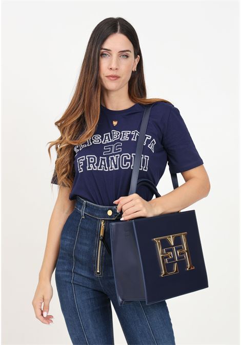 T-shirt a manica corta blu da donna con stampa logo stile college ELISABETTA FRANCHI | MA01546E2B75